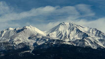 Mount Shasta and Shastina's southwest face in the Cascade Mountain Range. Siskiyou County, California. Shasta-Trinity National Forest.