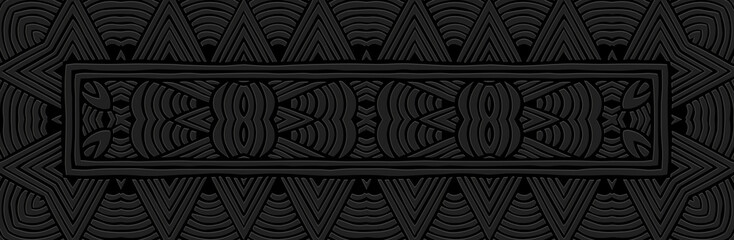 Banner, actual cover design. Embossed ethnic 3D tribal boho pattern, handmade, ornaments. Geometric black background. Oriental, Indonesian, Mexican, Aztec art. Vintage decor.
