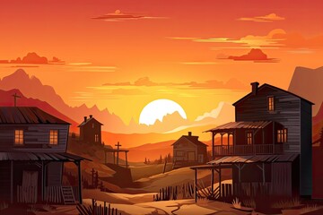 A Romantic Evening in an Old Western Town: Silhouetted Buildings, Sky in a Majestic Orange Gradient. Generative AI