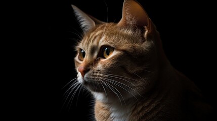 Adorable Pet Cat Staring Lovingly, Purebred Kitten Isolated on Black Background with Copy Space, Generative AI