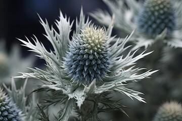 Naklejka na ściany i meble Breath-Taking Alpine Sea Holly Blossoms in the Enchanting Botanical Garden of the Fir-Wood Forest. Generative AI