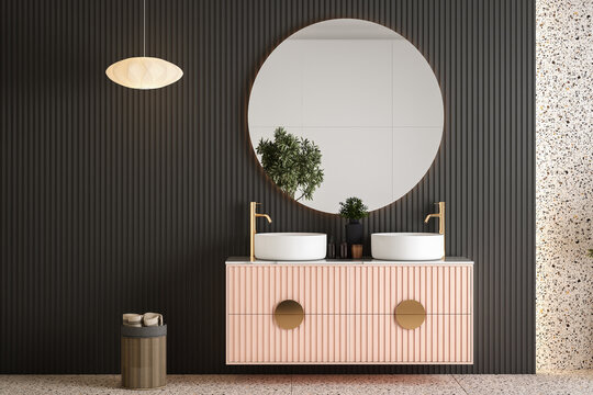 Modern minimalist bathroom interior, modern pink bathroom cabinet, white sink, wooden vanity, interior plants, bathroom accessories, black-white bathtub, panel wall, terrazzo flooring.3d rendering