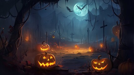 Smiling Pumpkins & Scary Bats: A Halloween Party in an Evil Cemetery at Night: Generative AI