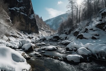 The Frozen Majesty of Winter: A Landscape of sparkling Ice, Mountains and Waterfalls, Generative AI