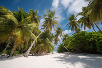 Tropical beach background. Palms and white sand. Travel in summer,vacation, honeymoon. Generative ai.  Generative AI
