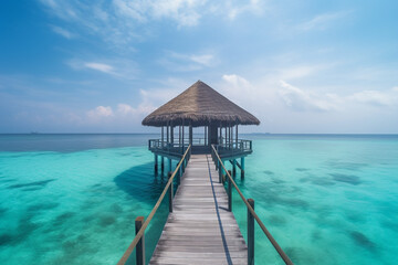 luxury water villas resort and wooden pier. Beautiful sky and ocean lagoon beach background. Summer vacation holiday and travel concept. Paradise vacation. Generative ai. High quality Generative AI