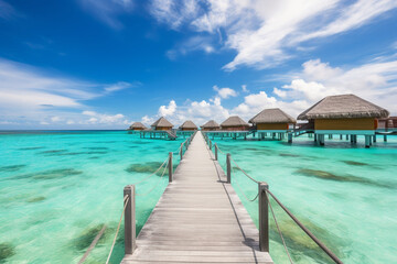 Fototapeta premium luxury water villas resort and wooden pier. Beautiful sky and ocean lagoon beach background. Summer vacation holiday and travel concept. Paradise vacation. Generative ai. High quality Generative AI