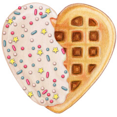 watercolor hand drawn heart shaped waffle