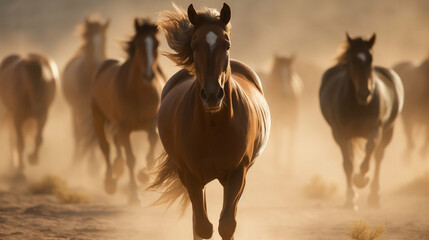 Horses with long mane portrait run gallop in desert dust, Generative Ai