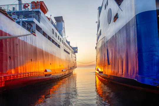 Early at morning Passenger ships soon start to famous Greek islands