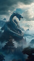 Amazing epic chinese ancient theme, a flying dragon, gigantic,megalophobia, cyan white mint,mountains,clouds. Generative AI.