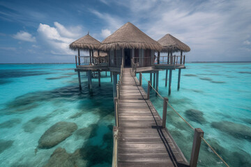 luxury water villas resort and wooden pier. Beautiful sky and ocean lagoon beach background. Summer vacation holiday and travel concept. Paradise vacation. Generative ai. High quality Generative AI