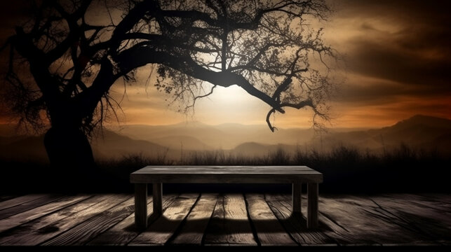 Old wood table and silhouette dead tree at night for Halloween background