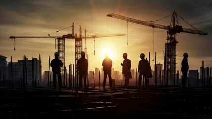 Fototapeta na wymiar Silhouette of engineer and construction team working at site over blurred background for industry background with Light fair.Create from multiple reference images together, Generative Ai