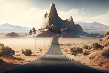 Poster Highway in the desert with mountains in the background. Generative ai © Andrii Yalanskyi