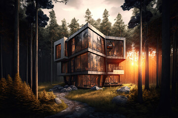 Modern residential building in the thicket of the forest. Natural surroundings, large windows offering breathtaking views. Connection with nature, while providing all amenities comforts. Generative ai