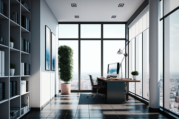 Office in a skyscraper, interior view. The large windows provide stunning views of the city skyline. Ergonomic chairs and spacious desks. Sense of professionalism and sophistication. Generative ai