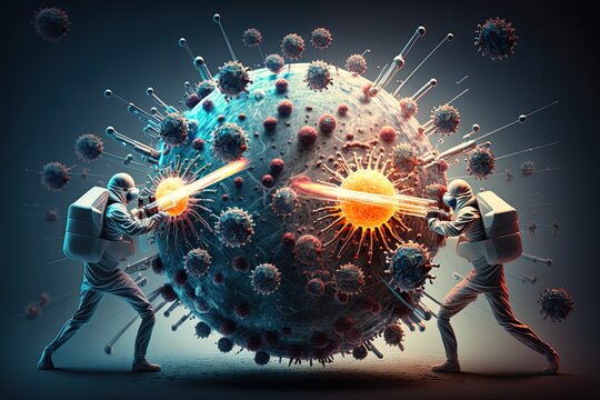 Medics and scientists with laser guns are fighting a huge virus. Epidemic control metaphor. The scientists signifying the role of technology and innovation in the fight against diseases. Generative ai