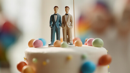 gay wedding cake decoration with 2 groom figurines, Generative AI
