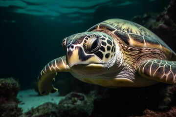 Obraz premium Hawksbill sea turtle swimming above the coral reef. generative ai. High quality photo Generative AI