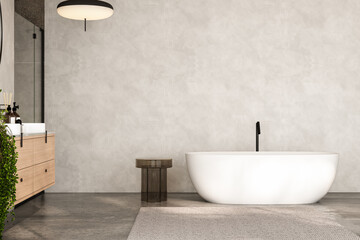 Modern beige bathroom interior with double sink and mirrors, carpet on concrete floor, bathtub,...