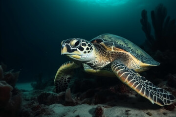 Obraz na płótnie Canvas Hawksbill sea turtle swimming above the coral reef. generative ai. High quality photo Generative AI