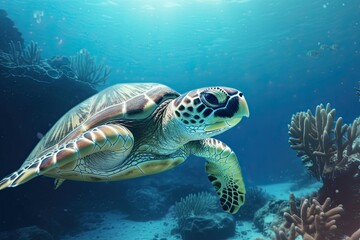 Naklejka na ściany i meble Smiling Sea Turtle Swimming Through the Bright Underwater World, Generative AI