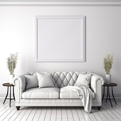 Scandinavian Minimalist Home Interior: Vintage White Living Room with Blank Picture Frame Mockup on White Wall, Generative AI