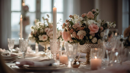 table setting with blush pink flowers, Generative AI