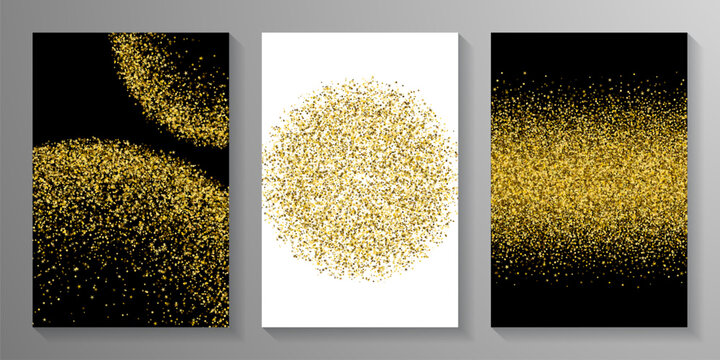 Caotic gold confetti grain scatter texture. Triangle square circle star particles flying. Banner template. Blink grit elements dot confetti. Birthday decoration spark splash