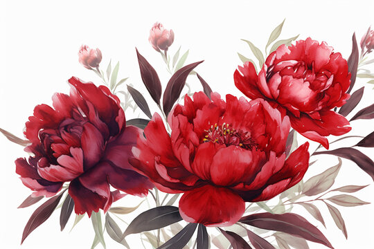 Red peony flower, close-up with selective focus on a white background, picture for decoration