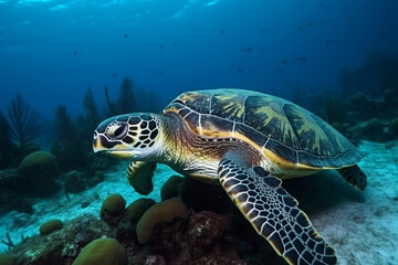 Obraz na płótnie Canvas Hawksbill sea turtle swimming above the coral reef. generative ai. High quality photo Generative AI