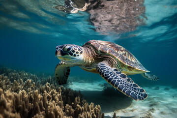 Obraz premium Hawksbill sea turtle swimming above the coral reef. generative ai. High quality photo Generative AI