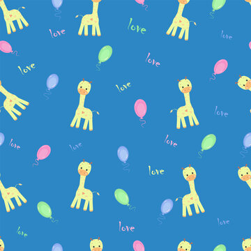 Fototapeta Seamless pattern with a giraffe and balloons in blue, pink, green on a turquoise background with inscriptions love for babe