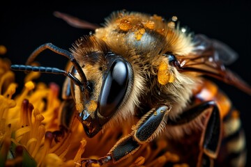 Macro closeup of a honey bee and pollen illustrated with generative AI