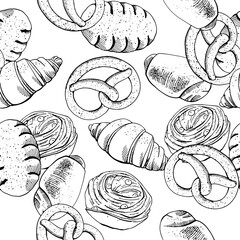 Monochrome vector graphic pattern. Illustration of fresh pastries. For printing on kitchen textiles, packaging paper, website design. For restaurants, bakeries, bakeries, cafes. Seamless pattern.