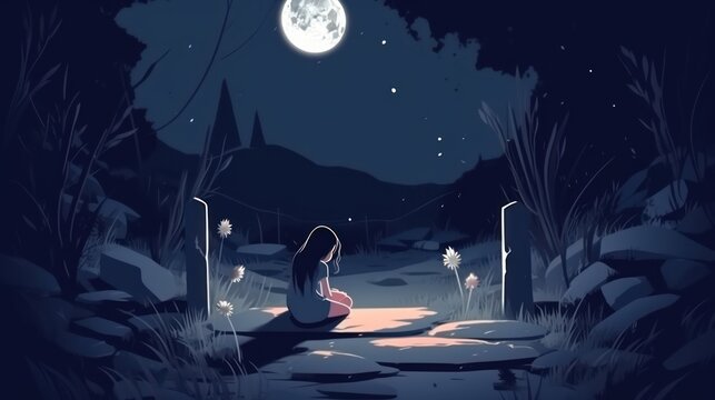 A orphan girl sitting beside her parents grave starring at it, ai, ai generative, illustration