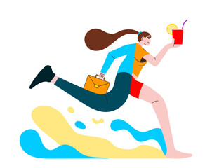 Fototapeta premium Trendy Cartoon Character. Go to the vacation. Office Worker: Work and Vacation. Colorful Vector Illustration