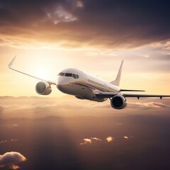 Passenger Jet flying through the sky with the sunset behind it