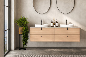 Modern beige bathroom interior with double sink and mirrors, carpet on concrete floor, bathtub,...