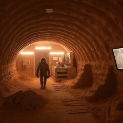 Human walking through a martian building on another planet 