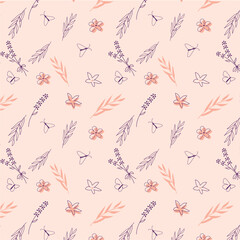vector seamless pattern with butterflies and flowers on a pink background