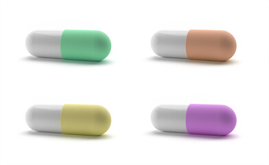 Capsule pill medicine for healthcare.Colorful capsules set 3D rendering. Realistic color pills. Set of drug capsules. Pharmacy medicine and healthcare. Antibiotic or vitamins. 3D pills