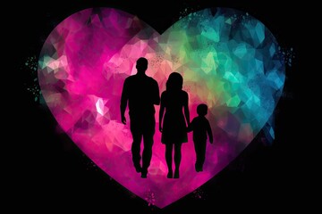 A Heartwarming Illustration of Family Love: Colorful Silhouettes of Mom, Dad, Son and Daughter Together, Generative AI