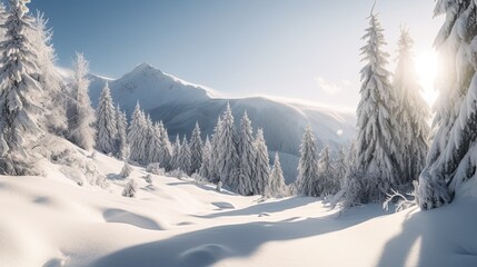 A Majestic Winterly Landscape - Solitary Peak, Panoramic View of Snowy Mountains, Serenity and Fairytale Scenery for Skiing, Holidays and Relaxation. Generative AI