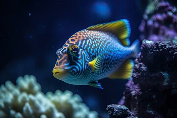 Naklejka na ściany i meble Breathtaking Underwater Paradise: A Colourful Coral Reef with Tropical Fish in an Aquarium: Generative AI