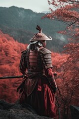 Battle-Ready Japanese Fantasy Samurai: Warrior in Red Outfit with Sword and Historical Shield, Facing Mountain with Trees: Generative AI