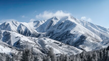Fototapeta na wymiar Cold Panoramic Winter Landscape: Snowy Mountain Range in Nature's Glory: Generative AI