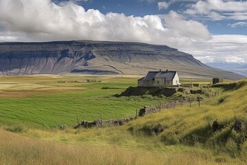 Fototapeta na wymiar The Breathtaking View of Farm beneath the Erupting Eyjafjallajokull Volcano in Iceland: Generative AI