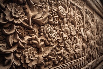 The Perfect Beautiful Art of Ancient Wall Decoration: Dreaming Flowers in Detailed Stone Carving: Generative AI